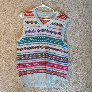 J. Crew Light Blue Fair Isle V-Neck Sweater Vest with Multicolor Pattern